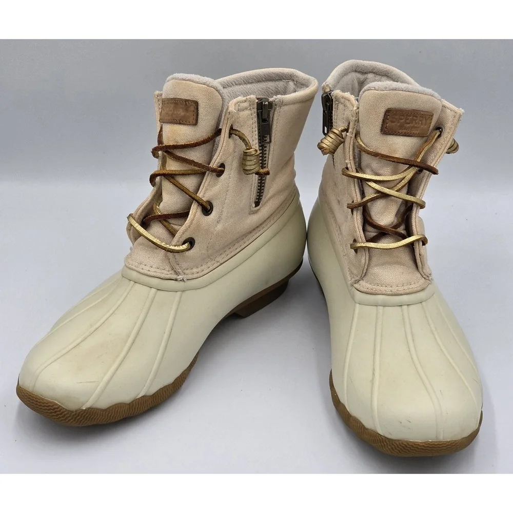 Sperry Waterproof Duck Booties Saltwater Canvas Oat/Gold‎ STS80493 Wmns Size 9